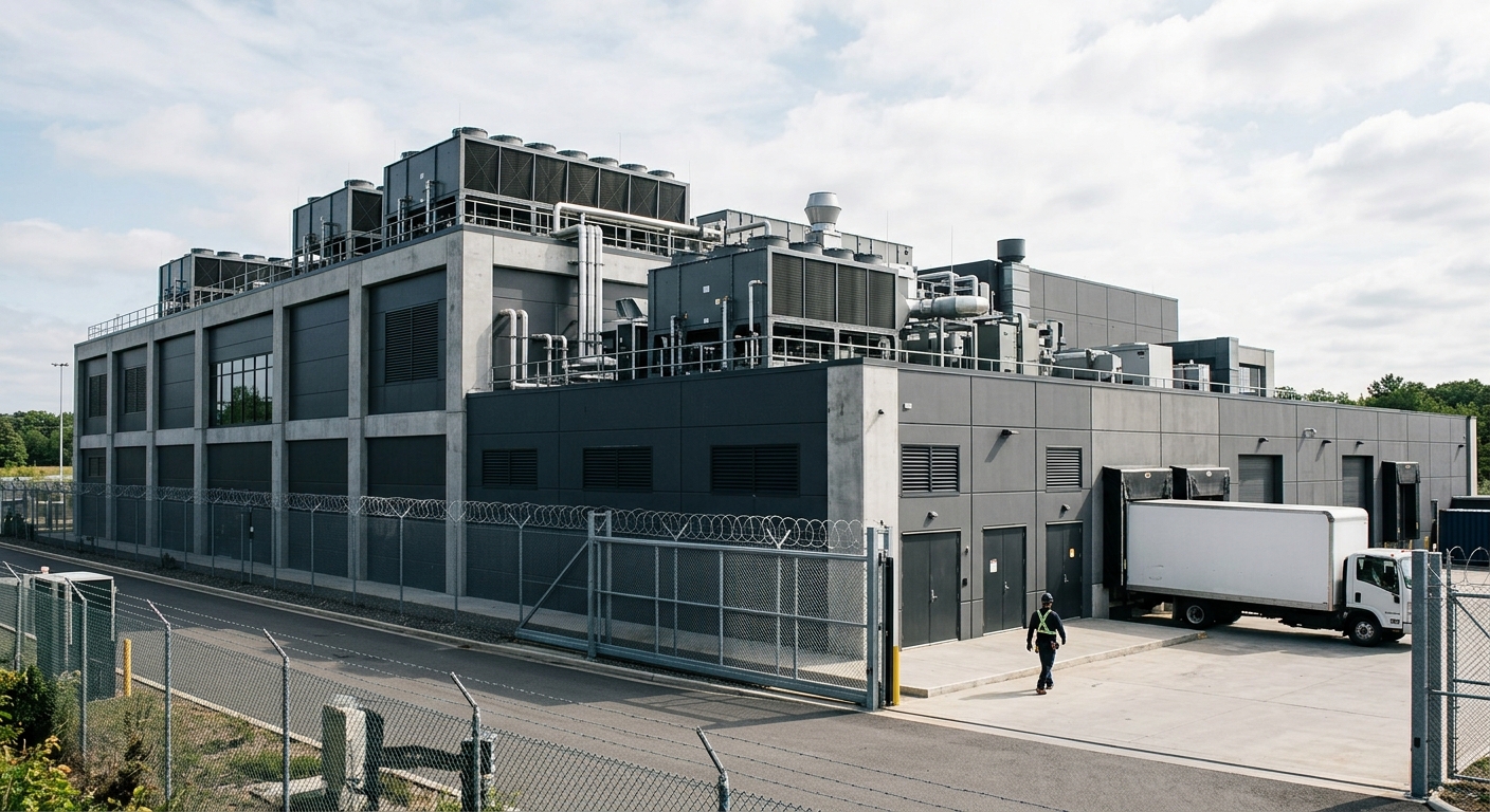Exterior of a modern data center building with industrial cooling equipment