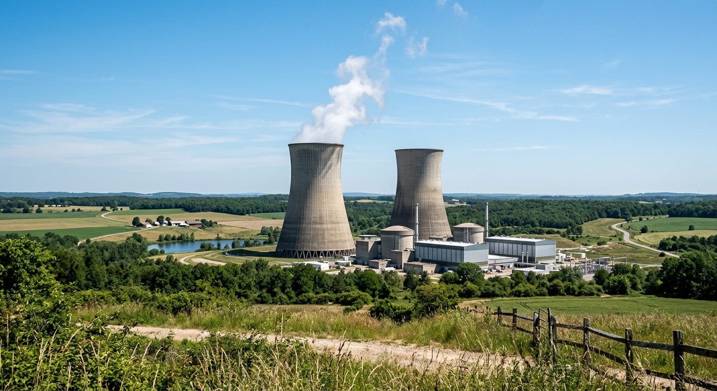 Nuclear power plant cooling towers set against a rural landscape and clear sky.