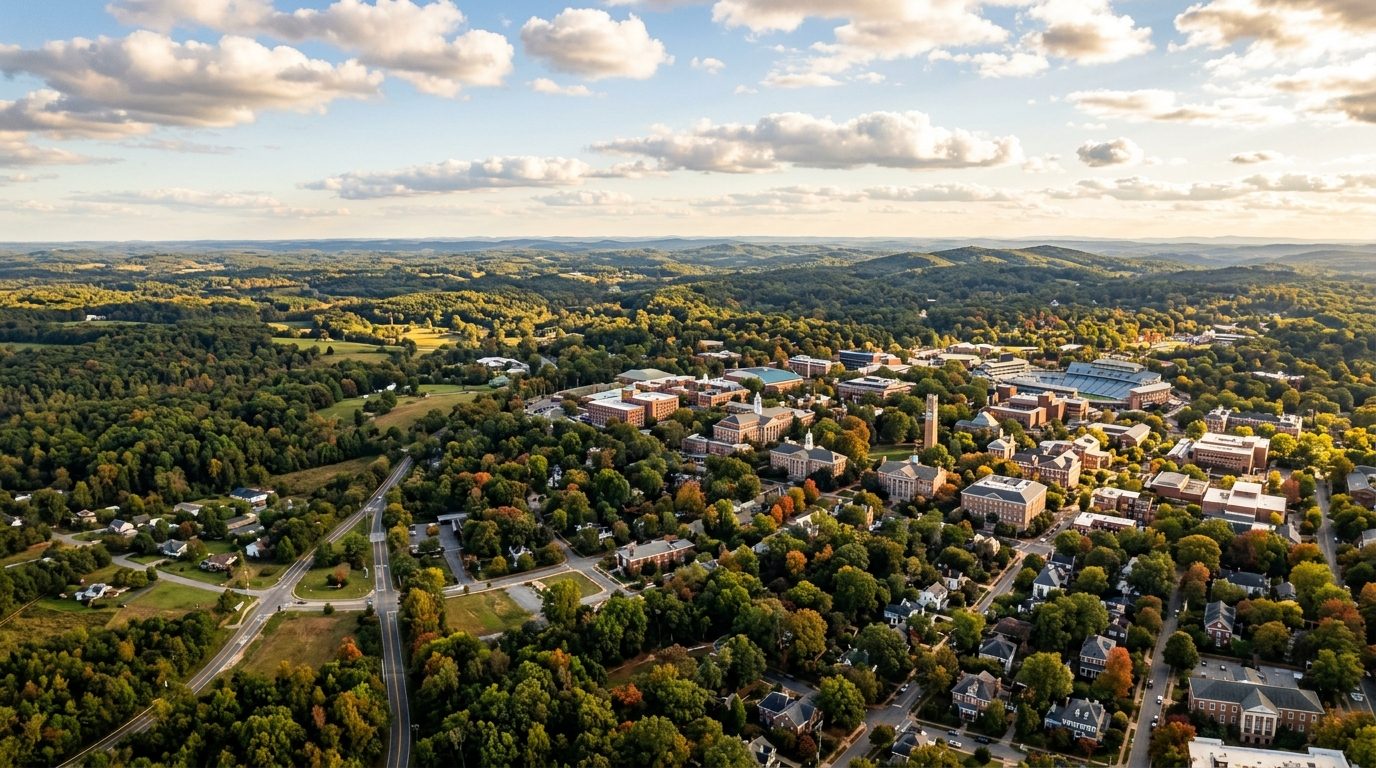 Durham, NC — Rolling Piedmont hills with a mix of a compact university-town skyline
