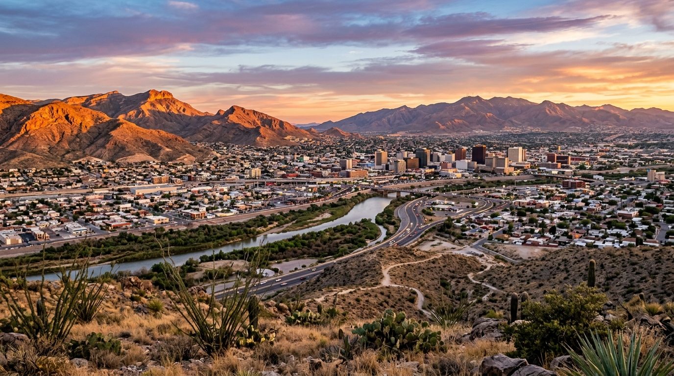 El Paso, TX — Desert mountain range at sunset with a border city skyline in the foreground and a wide river