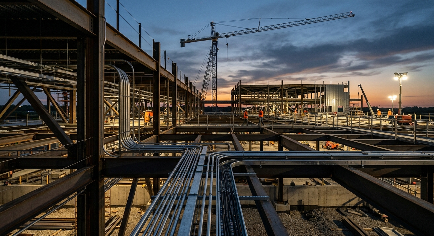 A data center construction site at dusk with steel framing, electrical conduit, and a tower crane.
