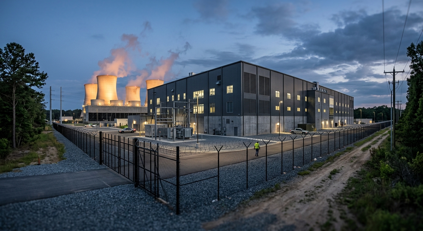 Exterior view of a large data center building with cooling infrastructure at dusk.