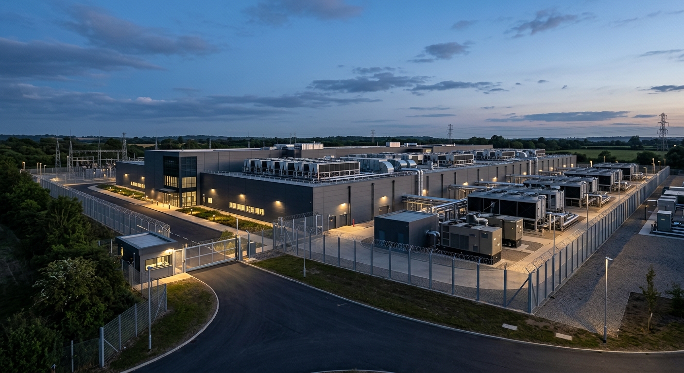 The exterior of a large data center facility at dusk, showing cooling equipment and industrial scale.