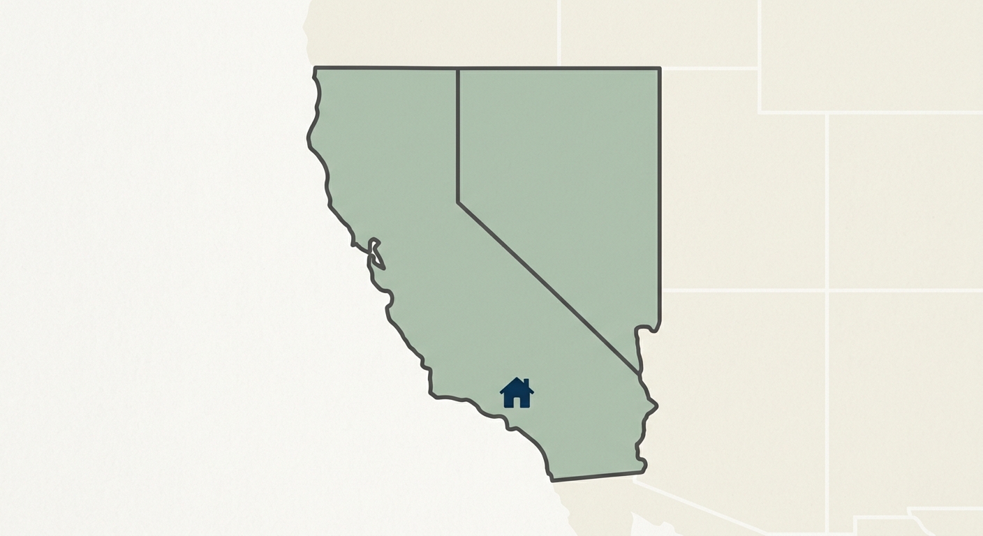Illustration of a map showing California and Nevada with a house icon marking a new brokerage office.