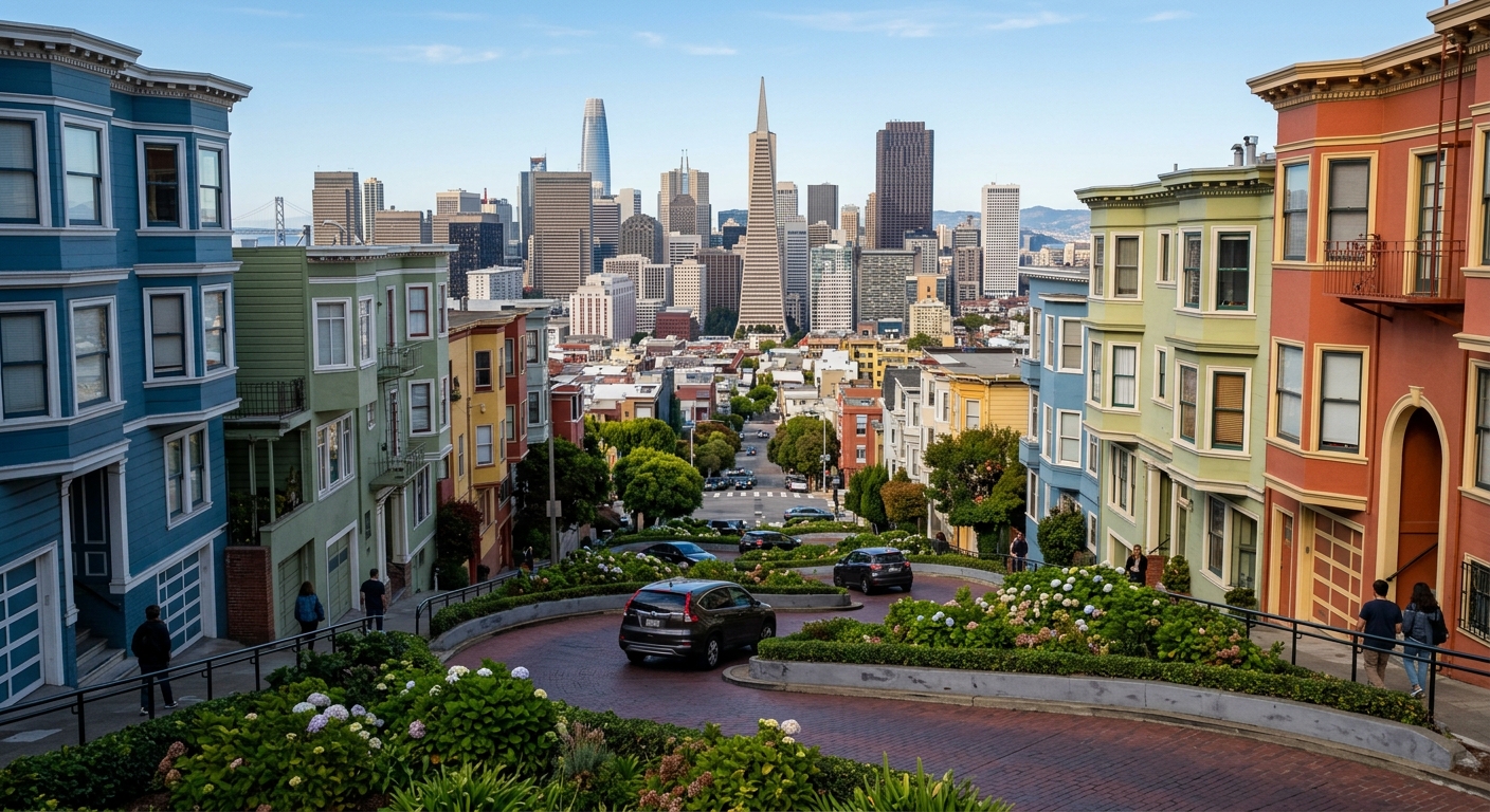 A San Francisco hillside street lined with multi-story apartment buildings, with the downtown skyline visible in the distance.