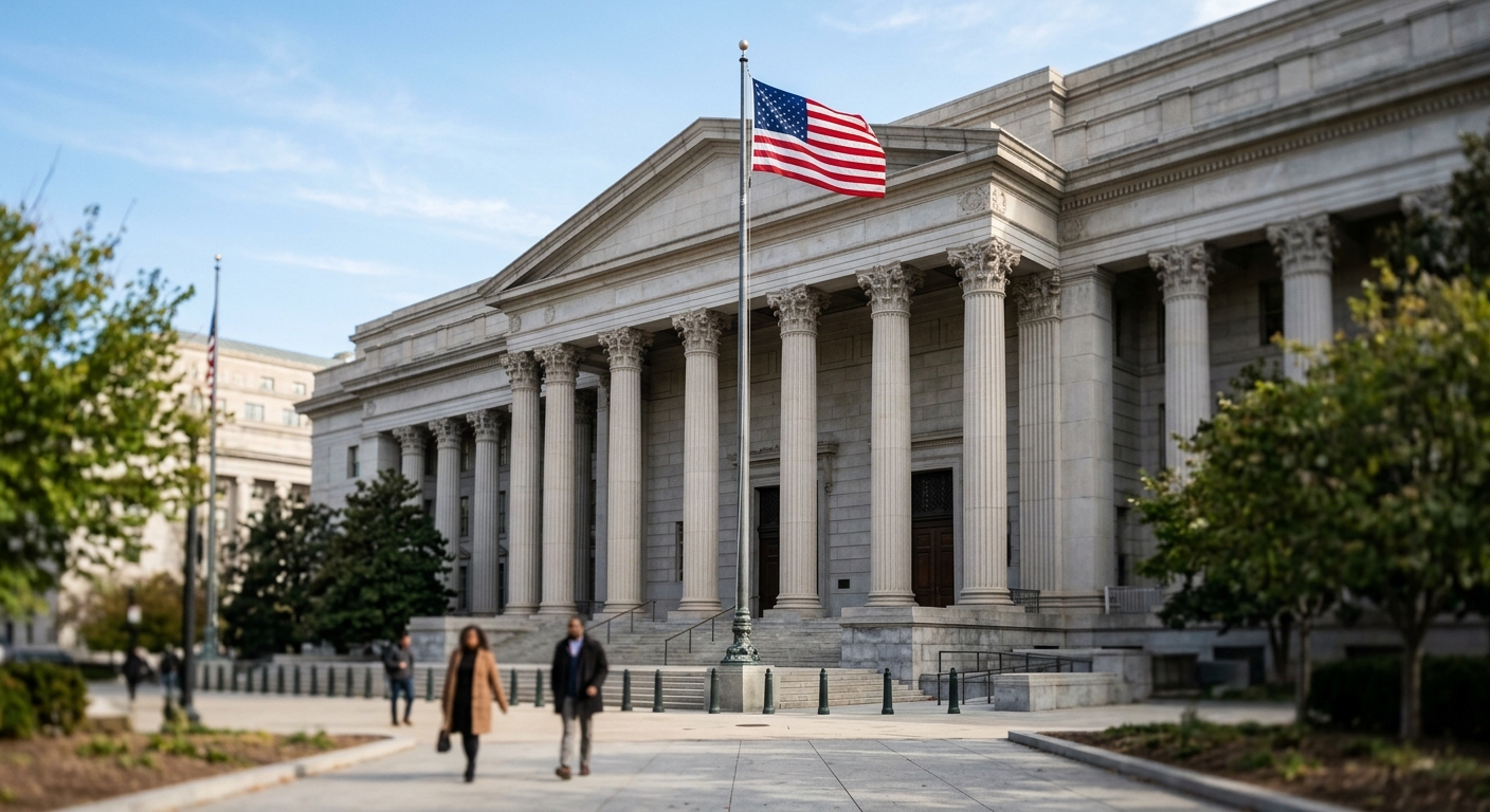 Exterior of a U.S. federal courthouse building with an American flag.