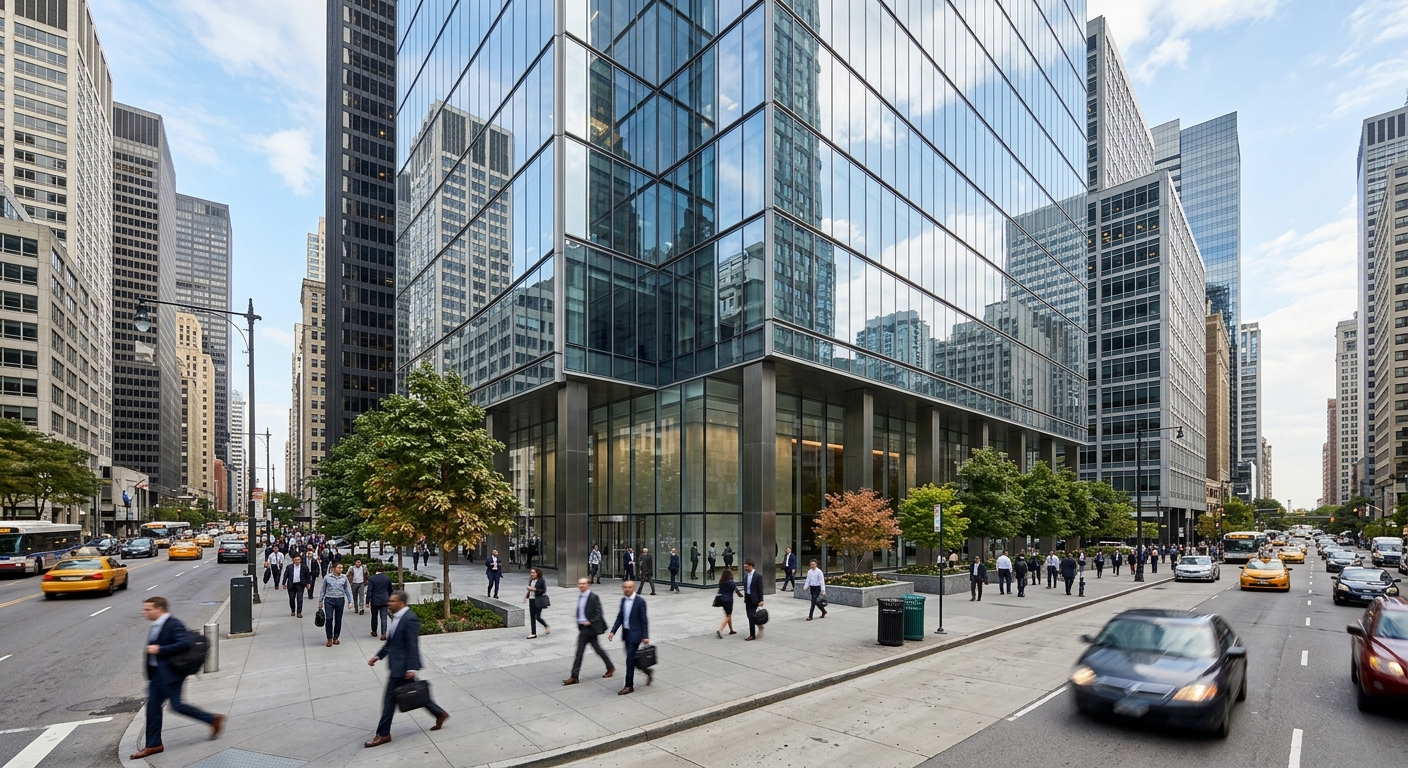 Modern financial district office building representing a housing finance company's headquarters.