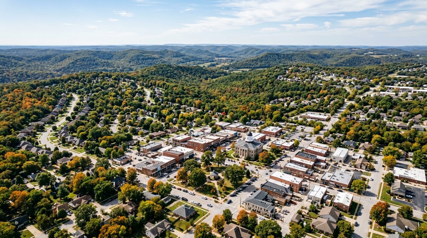 Fayetteville, AR — Rolling Ozark hills of northwest Arkansas with a mix of wooded ridgelines