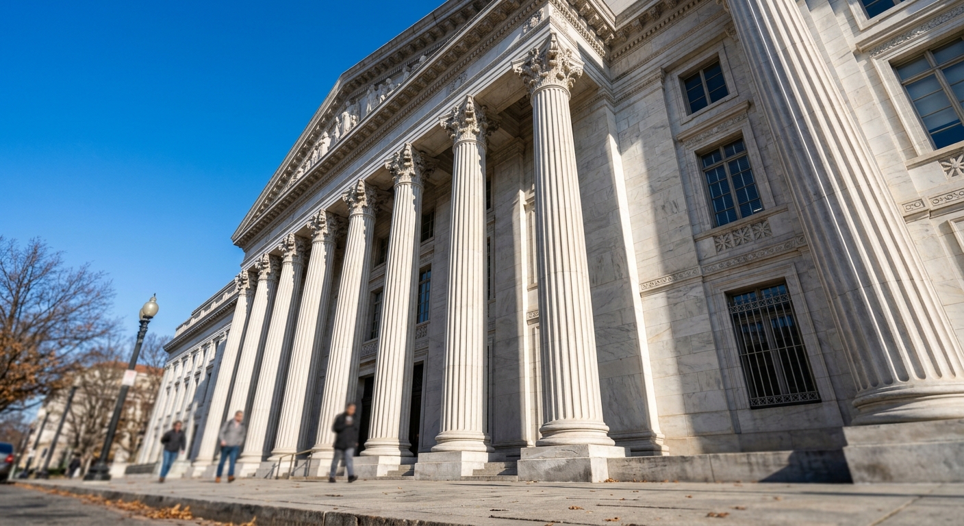 The Federal Reserve building's neoclassical facade in Washington, D.C., photographed against a clear sky.