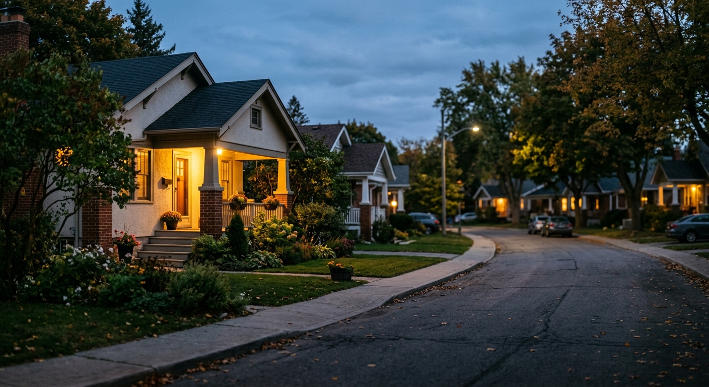 A modest suburban neighborhood street of single-family homes at dusk