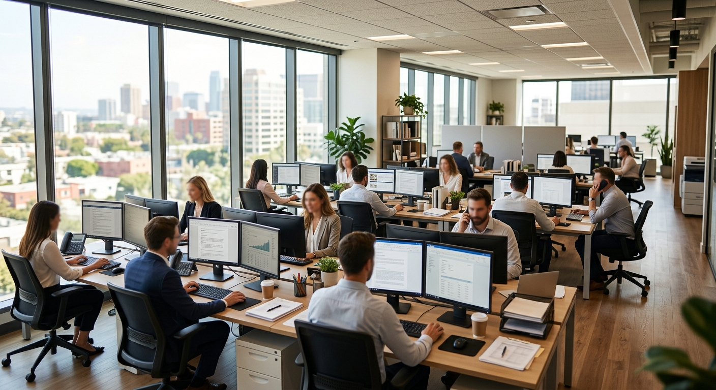 A modern real estate brokerage office interior with agents working at desks near large windows.