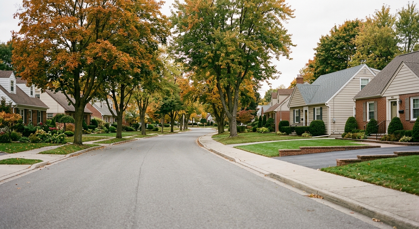A quiet suburban street lined with single-family homes under overcast daylight.