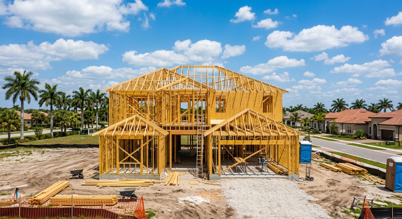 A wood-framed single-family home under construction in a Florida suburban development with palm trees in the background.