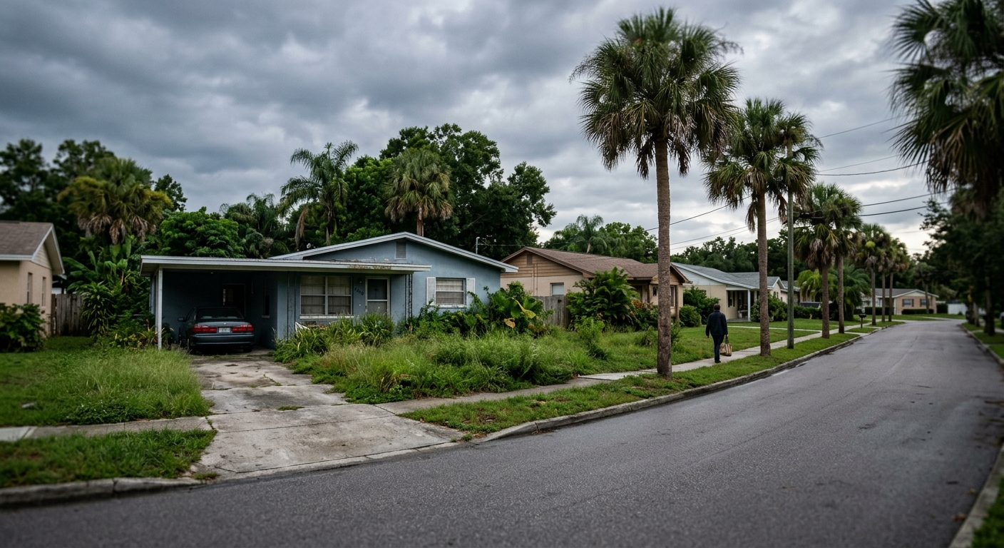 A quiet suburban Florida residential street lined with single-family homes and palm trees under overcast light.