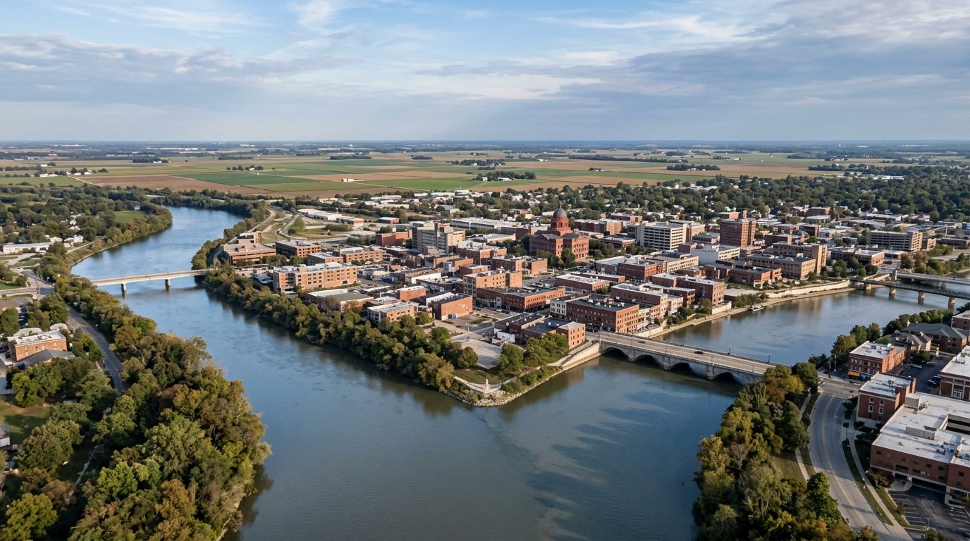 Fort Wayne, IN — Downtown Fort Wayne, Indiana at the confluence of two rivers meeting to form a third, with tree-lined