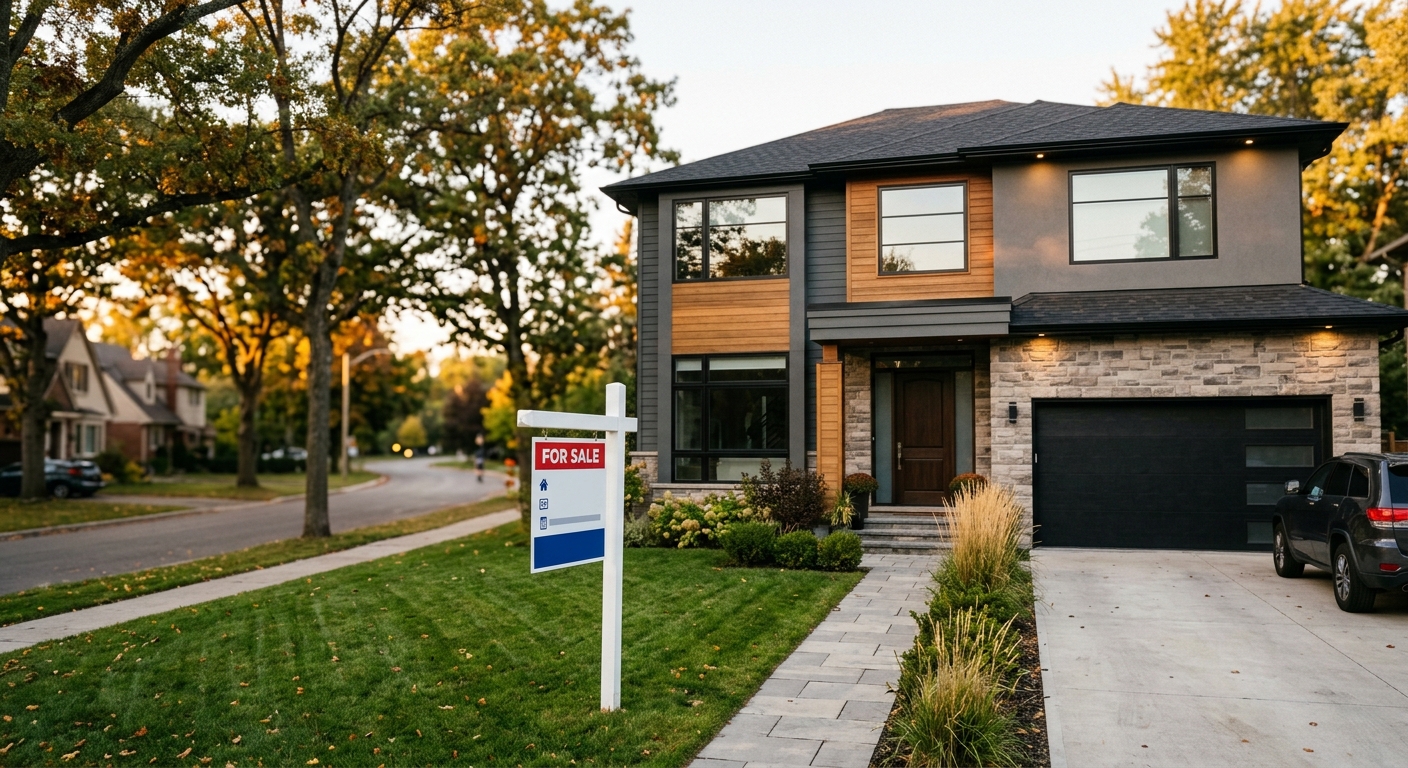 A suburban single-family home with a for-sale sign in the yard under warm afternoon light.