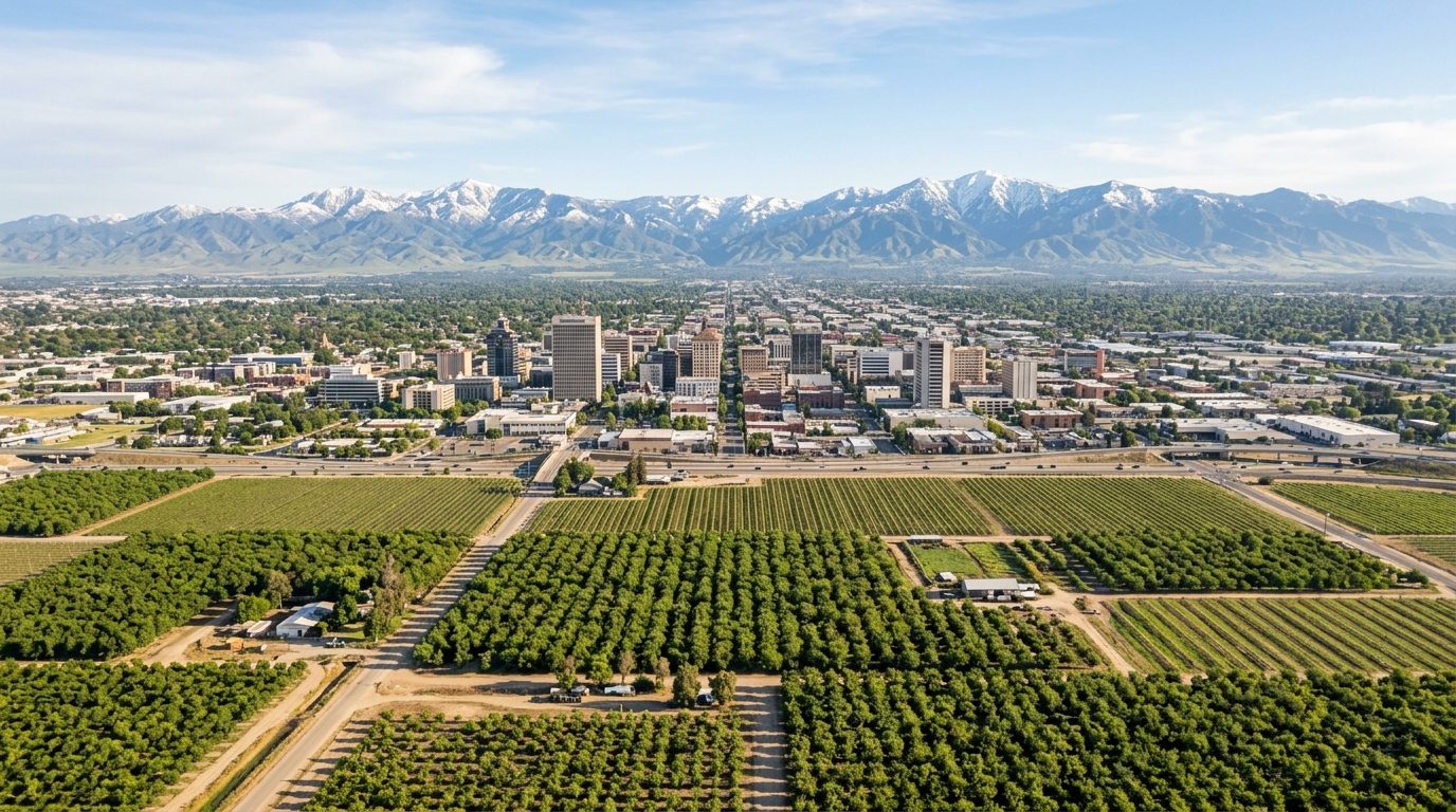 Fresno, CA — A wide photorealistic panorama of downtown Fresno, surrounding orchards and the distant Sierra Nevada under clear mornin