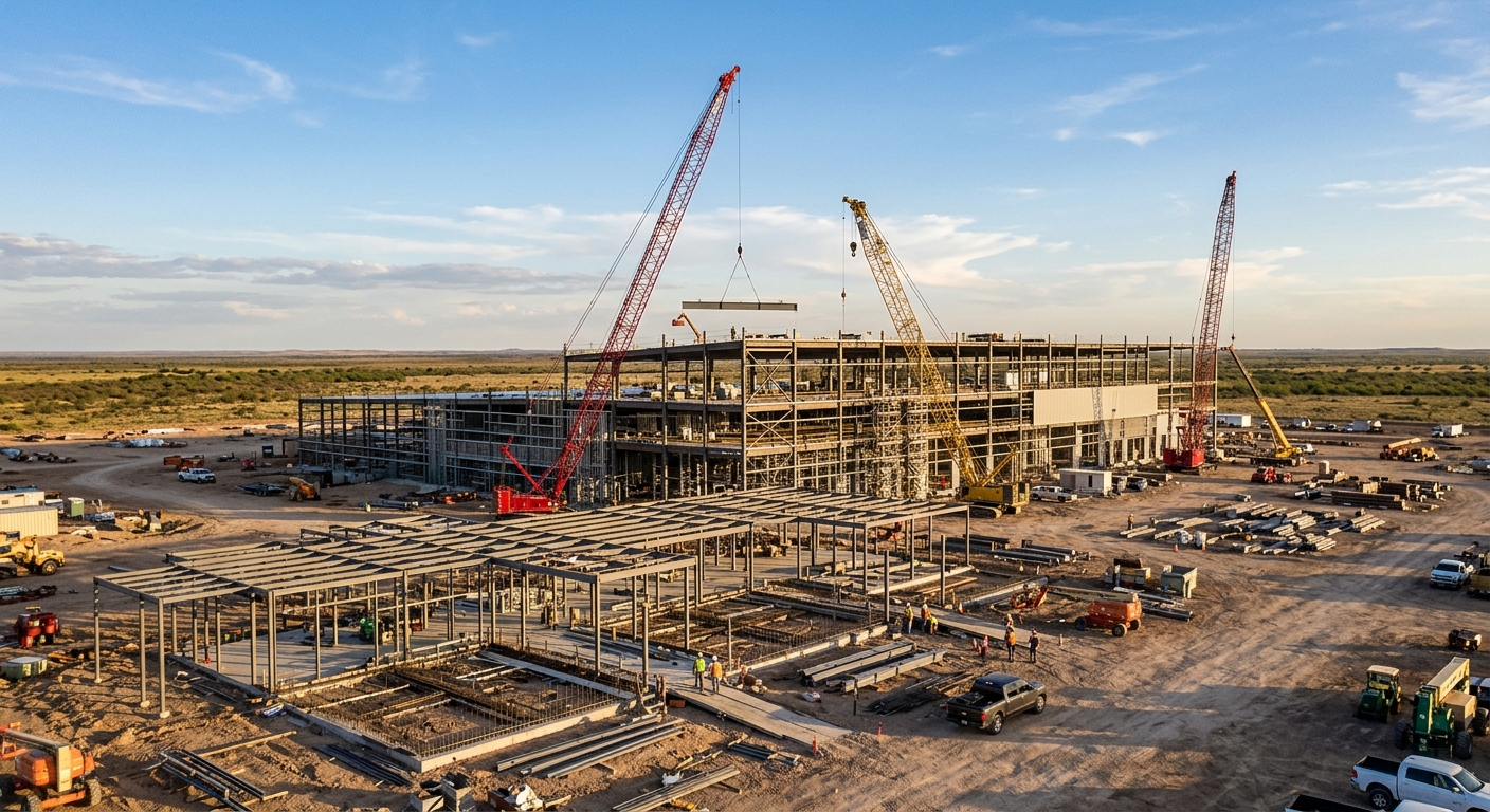 A large data center building under construction in a flat Texas landscape with cranes in the background.