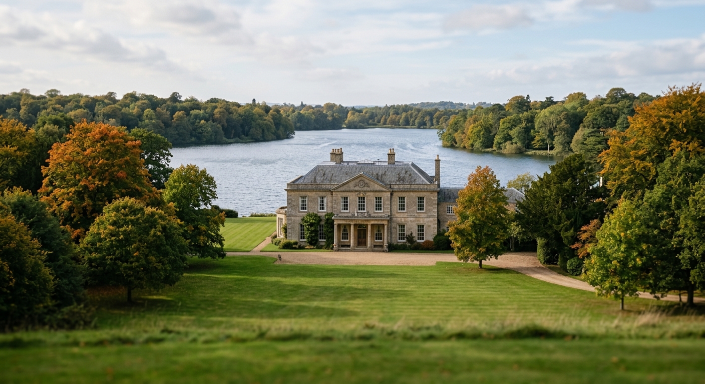 A large stone Georgian-style mansion on a manicured lakefront estate surrounded by mature trees.