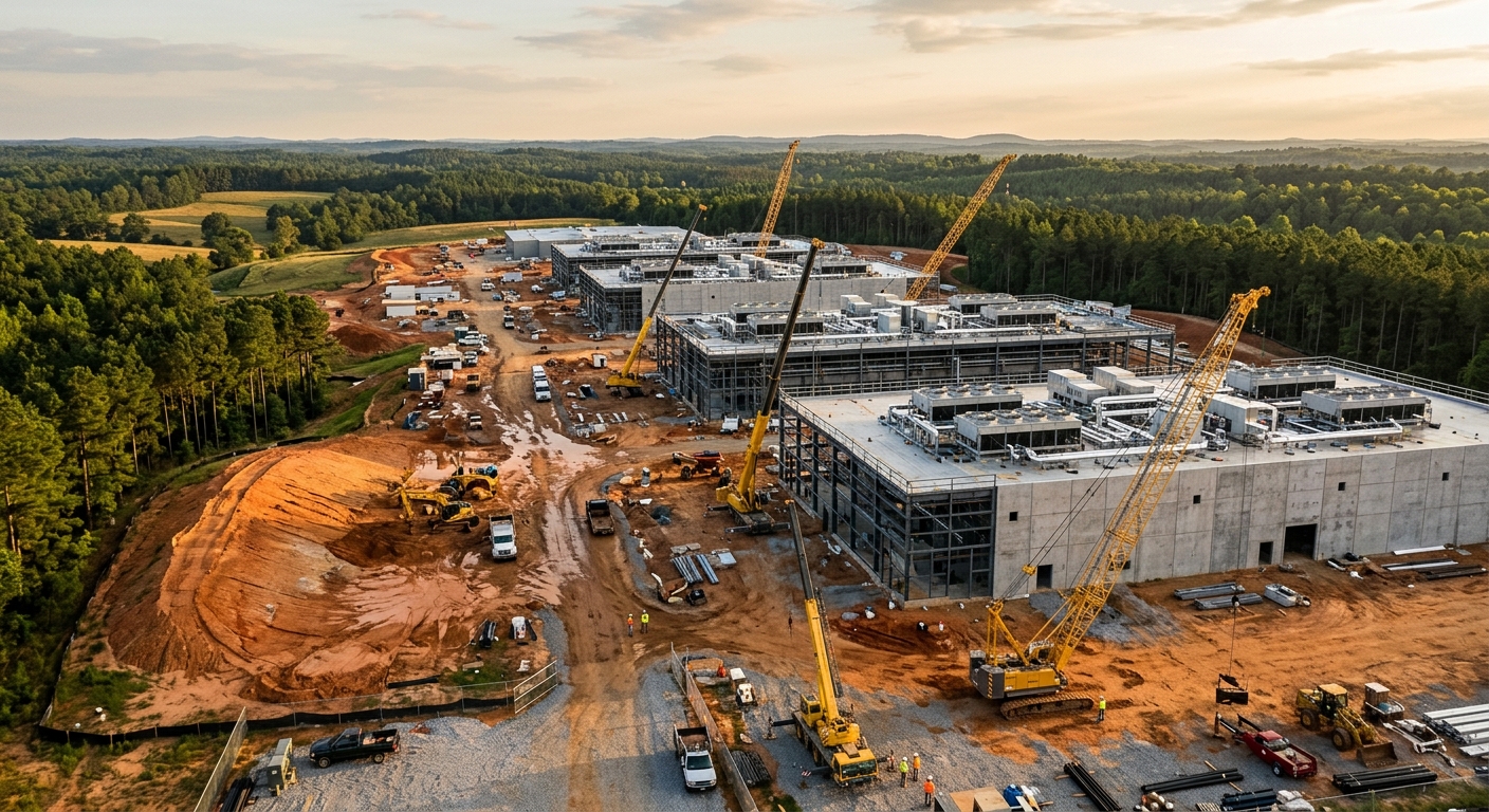 Large data center campus under construction amid rural Georgia countryside