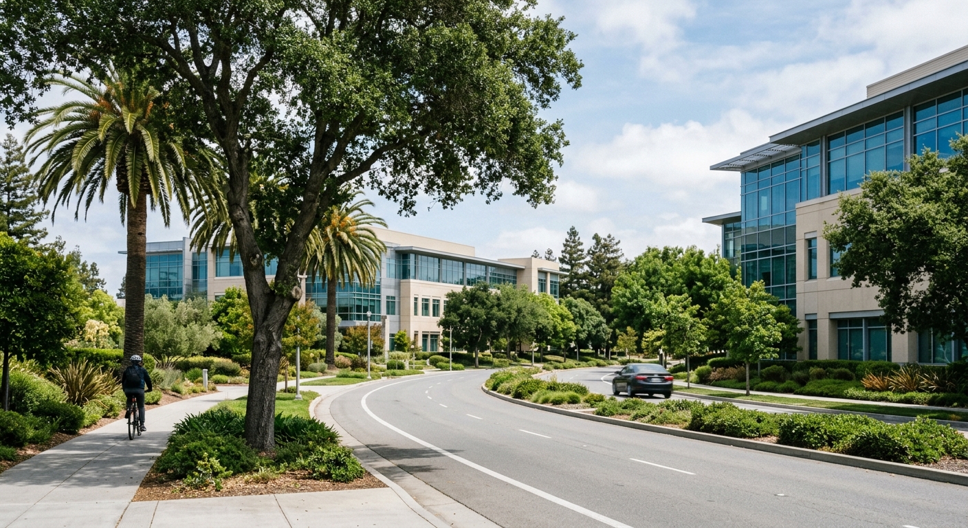Exterior view of a Silicon Valley suburban office campus with landscaped grounds and modern low-rise buildings.