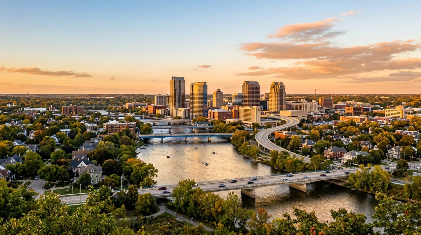 Grand Rapids, MI — A wide photorealistic panorama of downtown Grand Rapids, the Grand River and surrounding tree-lined neighborhoods in cle