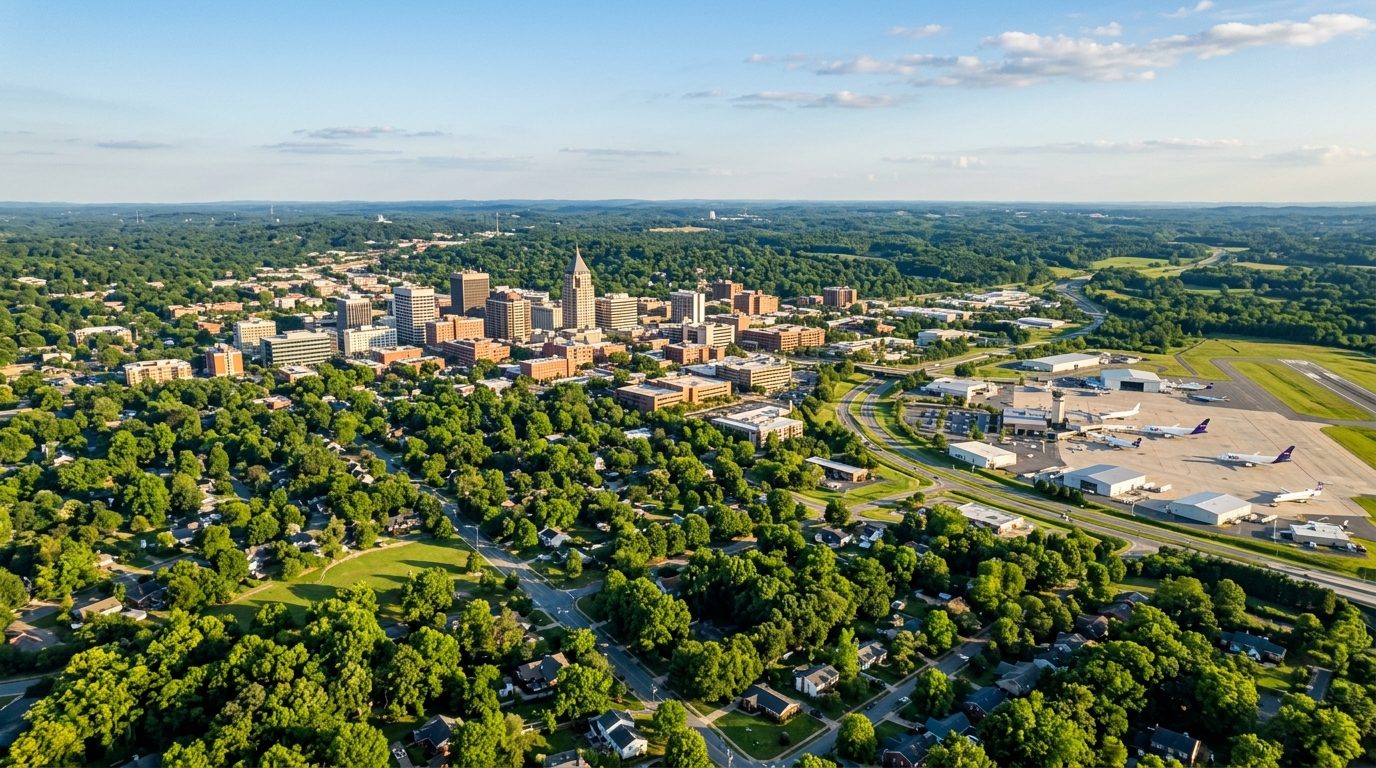 Greensboro, NC — Mid-sized Piedmont city skyline surrounded by rolling green hills, tree-lined