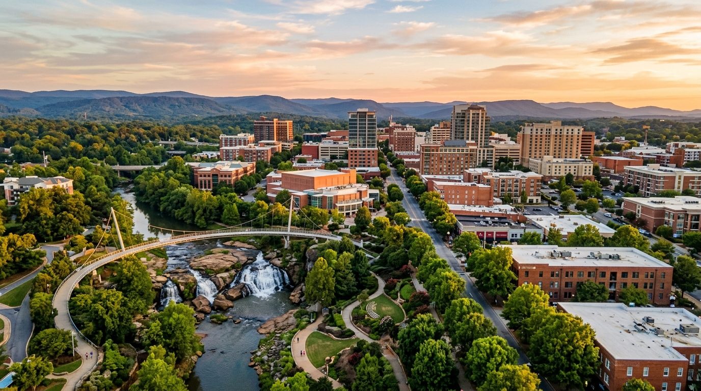 Greenville, SC — Over downtown Greenville's Reedy River and Falls Park, with a pedestrian