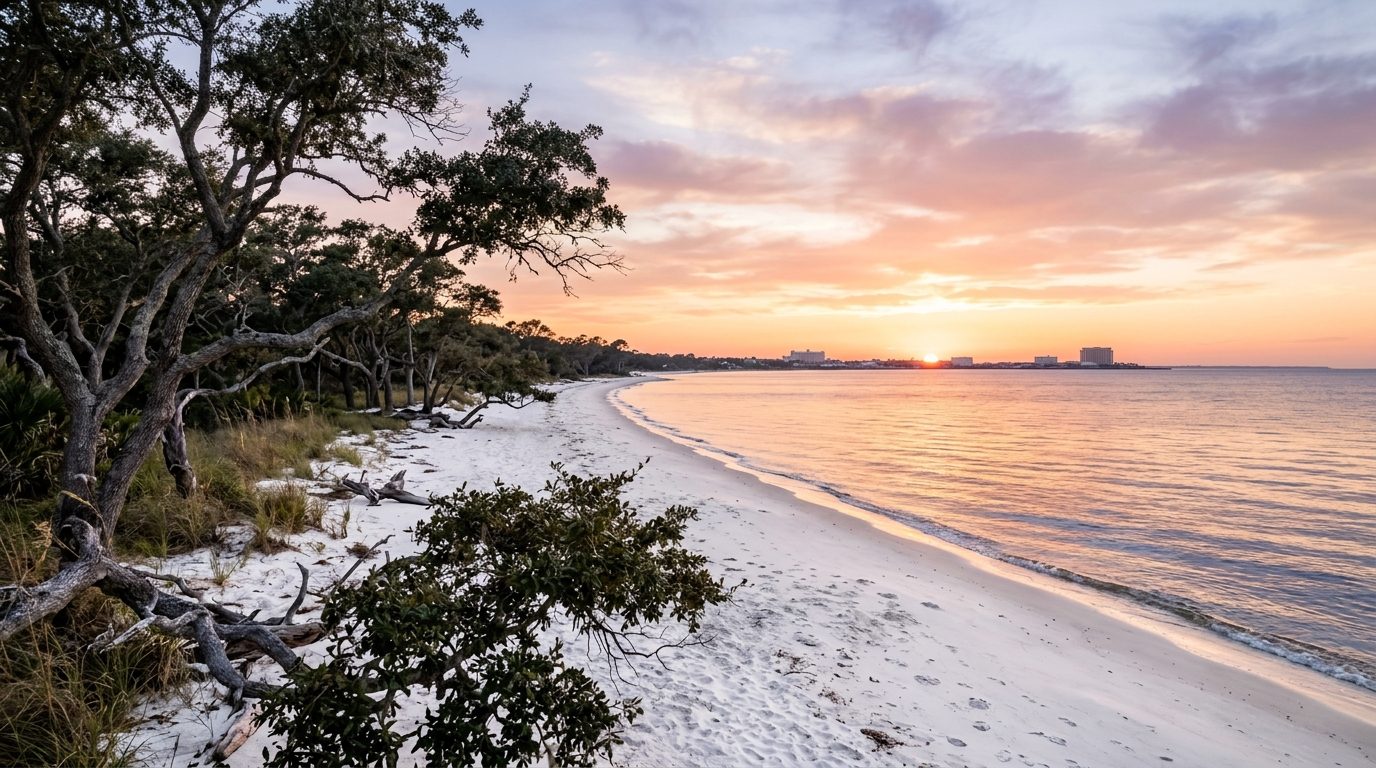 Gulfport, MS — Mississippi Gulf Coast shoreline near Biloxi, with white sand beach, live oak trees, and calm sound waters