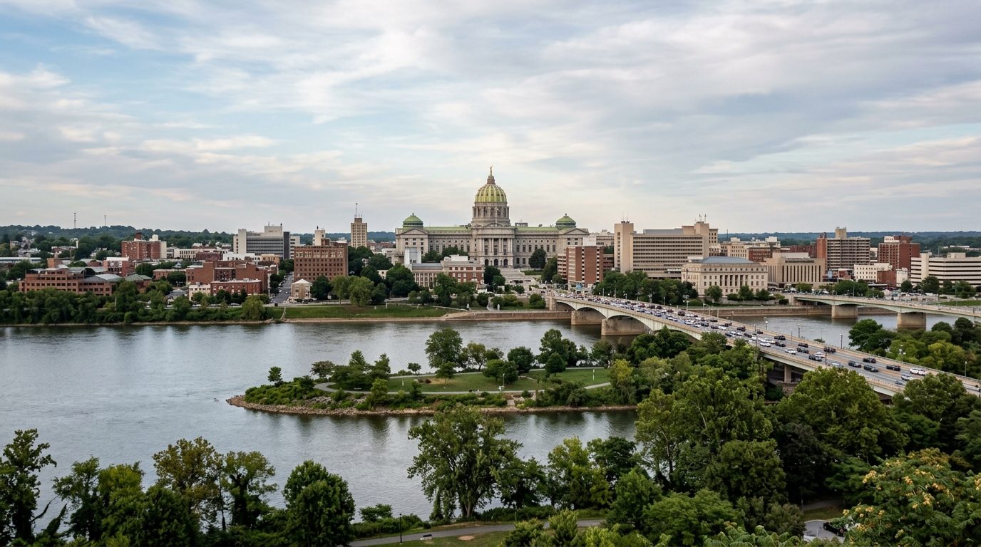 Harrisburg, PA — Pennsylvania State Capitol dome rising above the Harrisburg skyline along