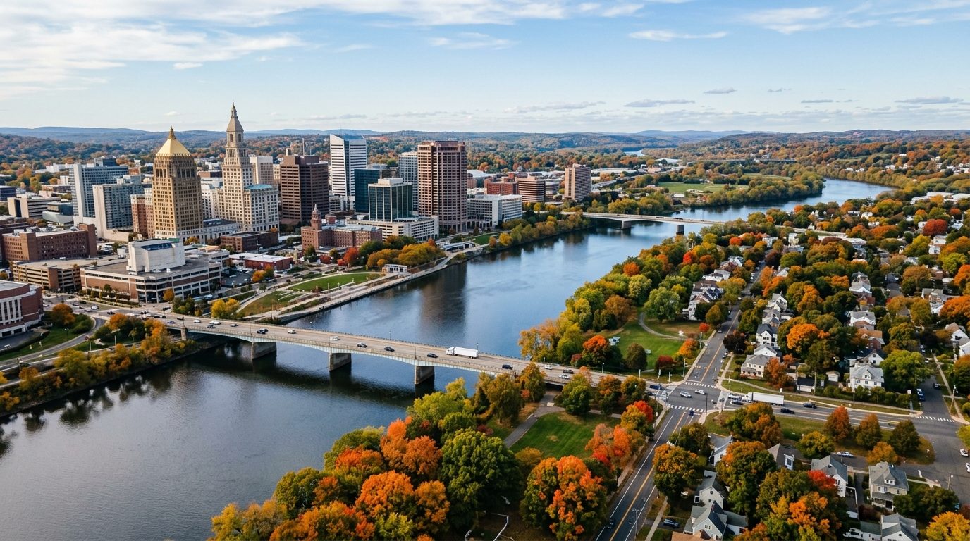 Hartford, CT — A wide photorealistic panorama of downtown Hartford, the Connecticut River and surrounding tree-lined neighborhoods in c