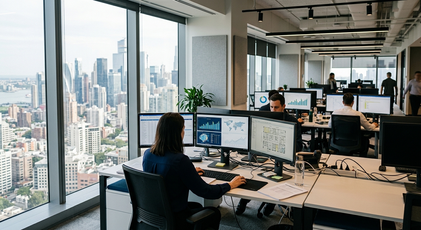 Commercial real estate analysts working at computer workstations in a modern office with a city skyline visible through the windows.