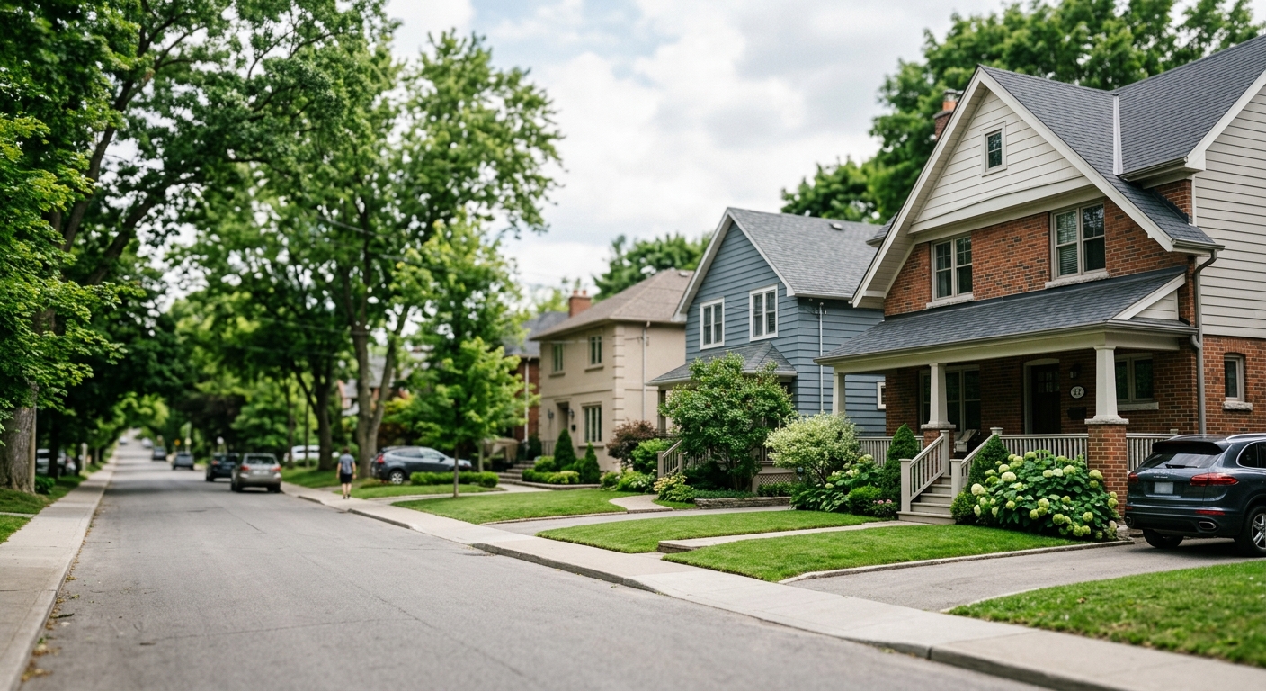 Row of suburban single-family homes on a tree-lined street, editorial photograph illustrating national home price trends.