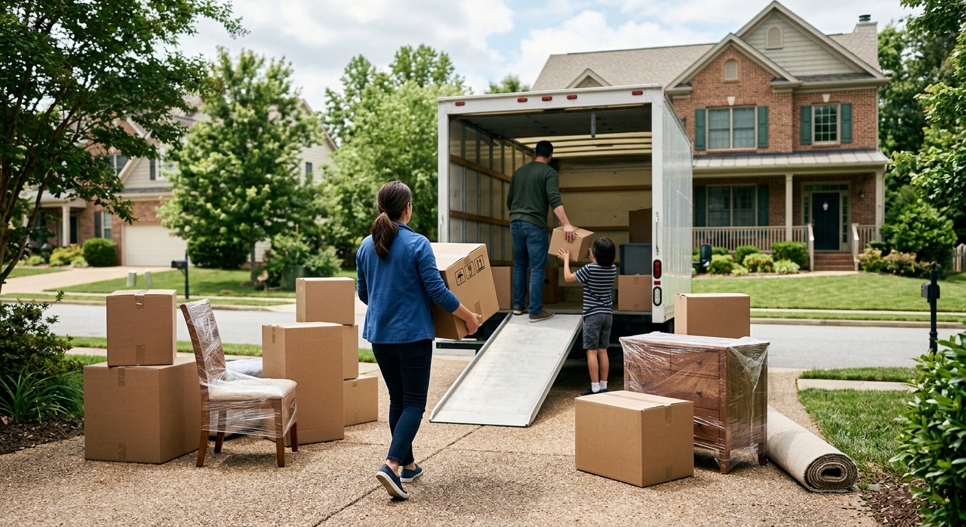 People unloading moving boxes and furniture in front of a suburban home.