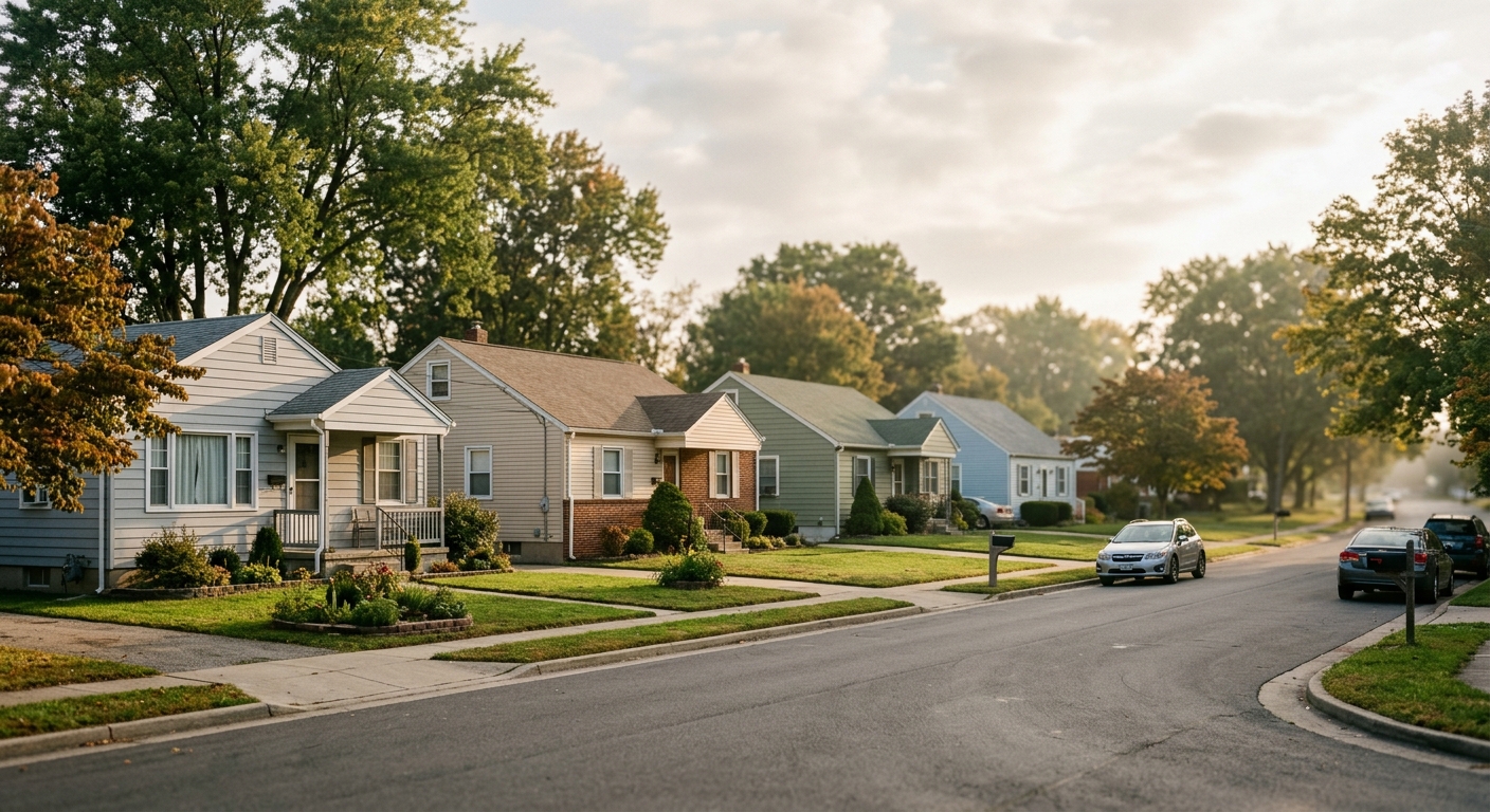 Row of suburban starter homes representing U.S. homeownership trends.