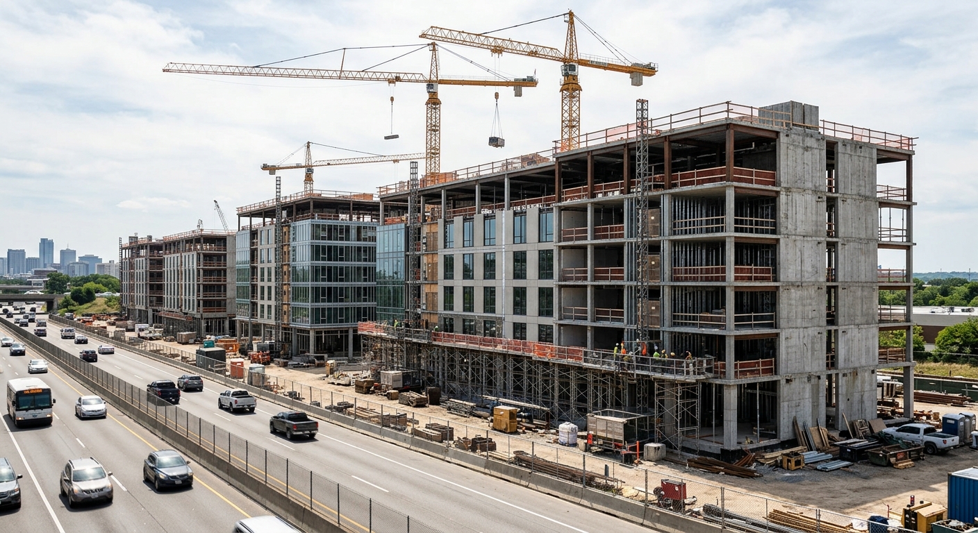 New hotel buildings under construction along a highway corridor, with scaffolding and cranes visible against a daytime sky.