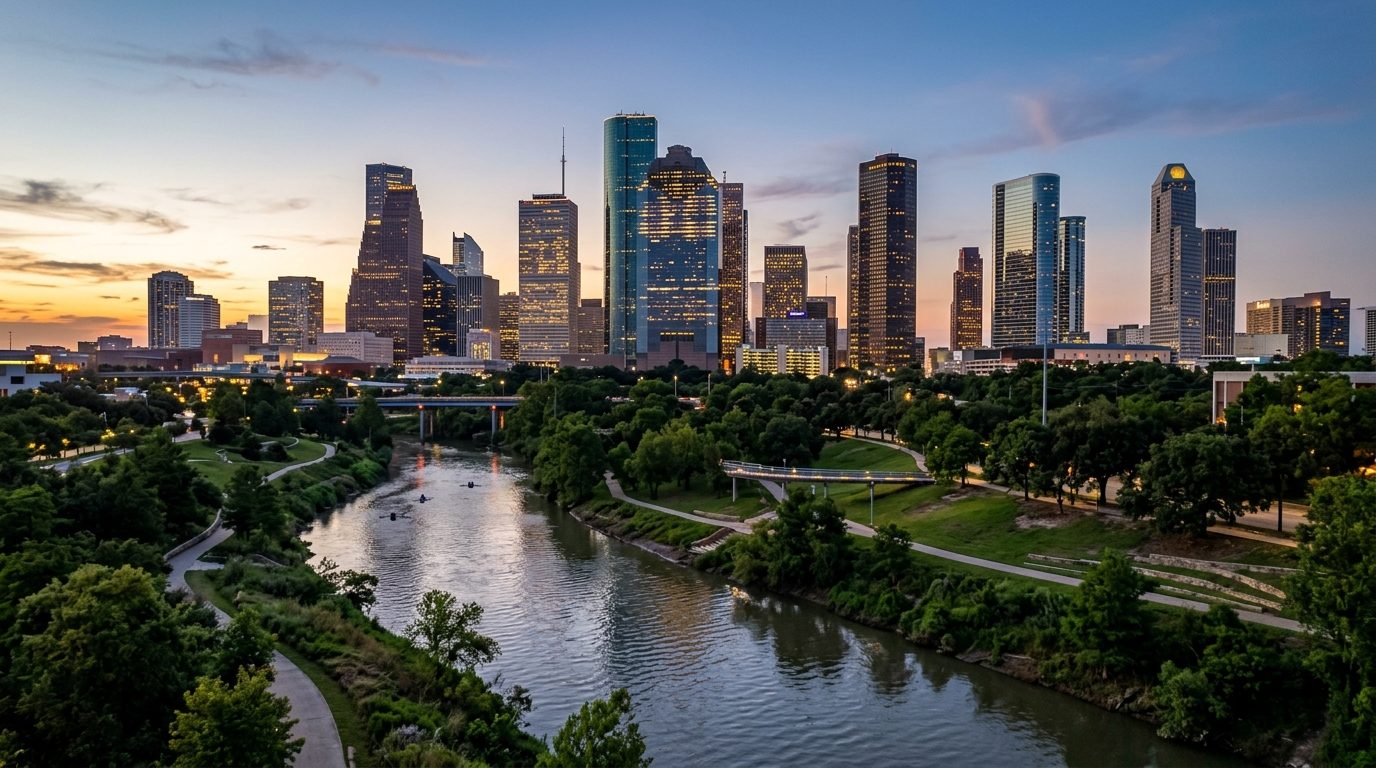 Houston, TX — A wide photorealistic cityscape of downtown Houston viewed across the bayou corridor under clear evening light, with no