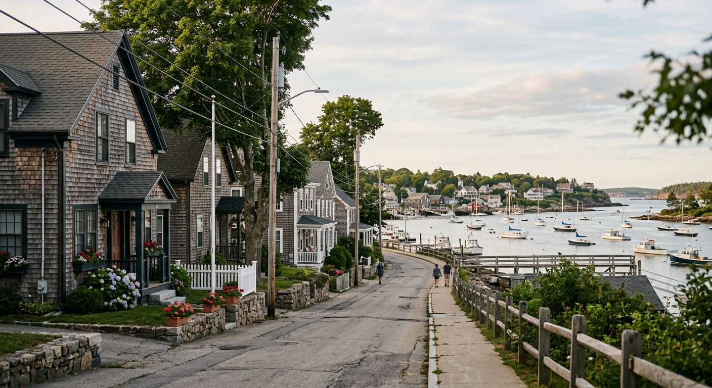 Coastal Maine harbor town streetscape with New England-style homes and moored sailboats in soft afternoon light.