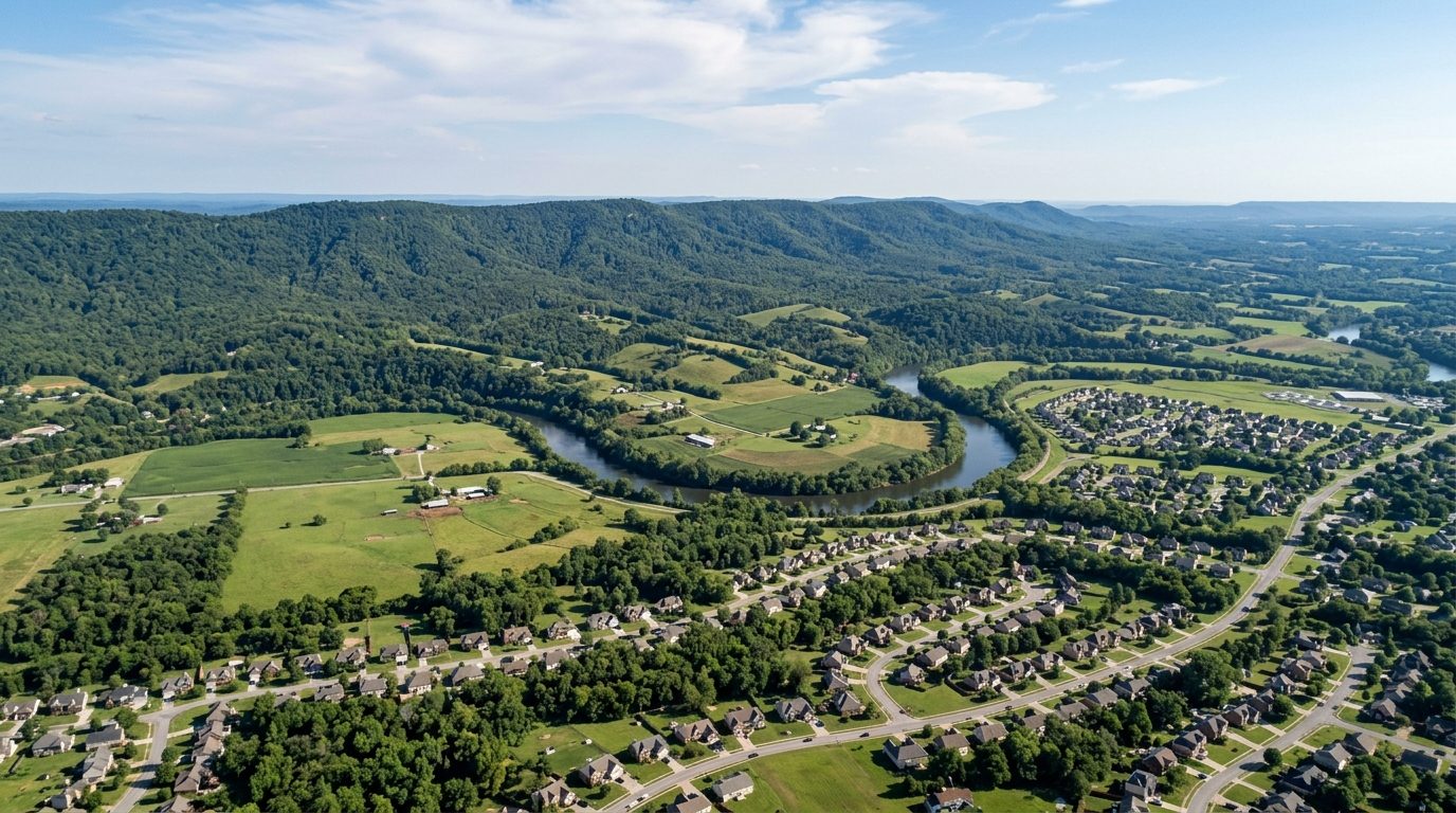 Huntsville, AL — Green Tennessee Valley landscape with a forested mountain ridge, a winding river, and a mix of suburban