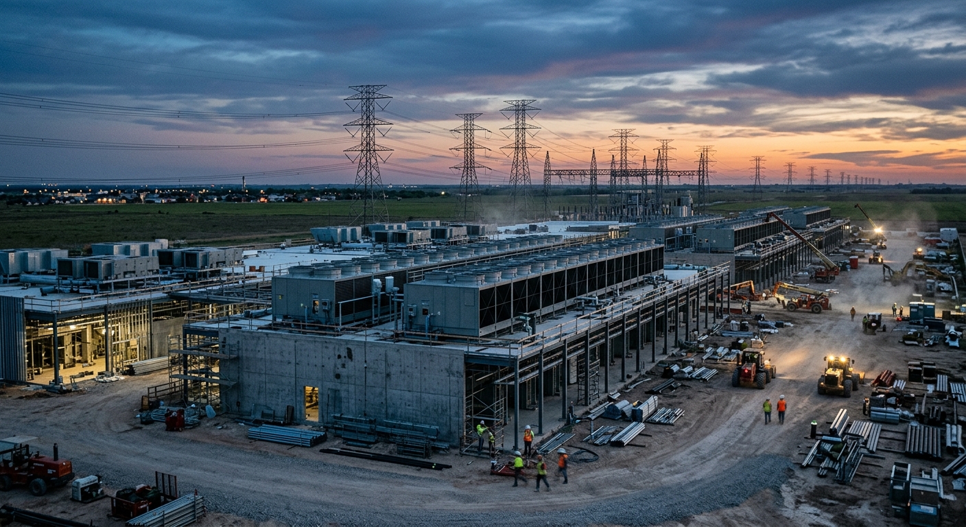 A large industrial data center campus with cooling equipment and power infrastructure under a dusk sky in a flat Texas landscape.
