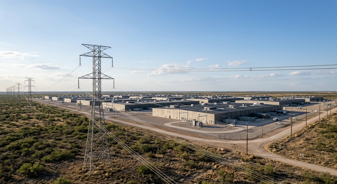 Industrial data center buildings and high-voltage transmission towers on open Texas land.