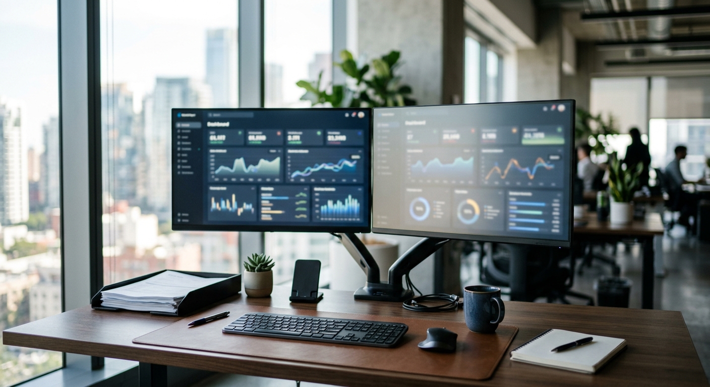 A modern office desk with dual computer monitors displaying data dashboards.
