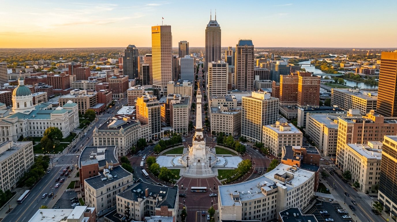 Indianapolis, IN — A wide photorealistic view of downtown Indianapolis, Monument Circle and the surrounding city grid in clear golden-hour
