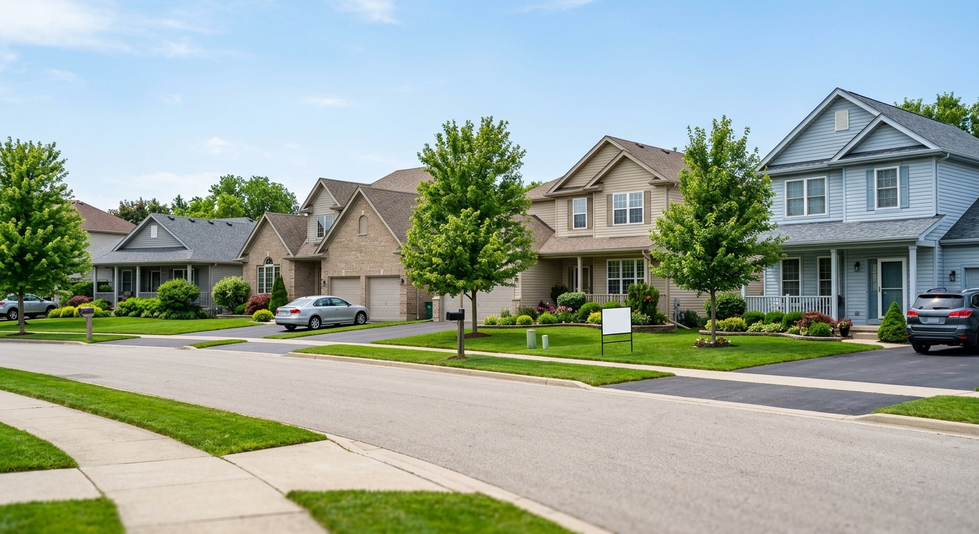 A row of single-family rental homes on a suburban street with well-maintained lawns.