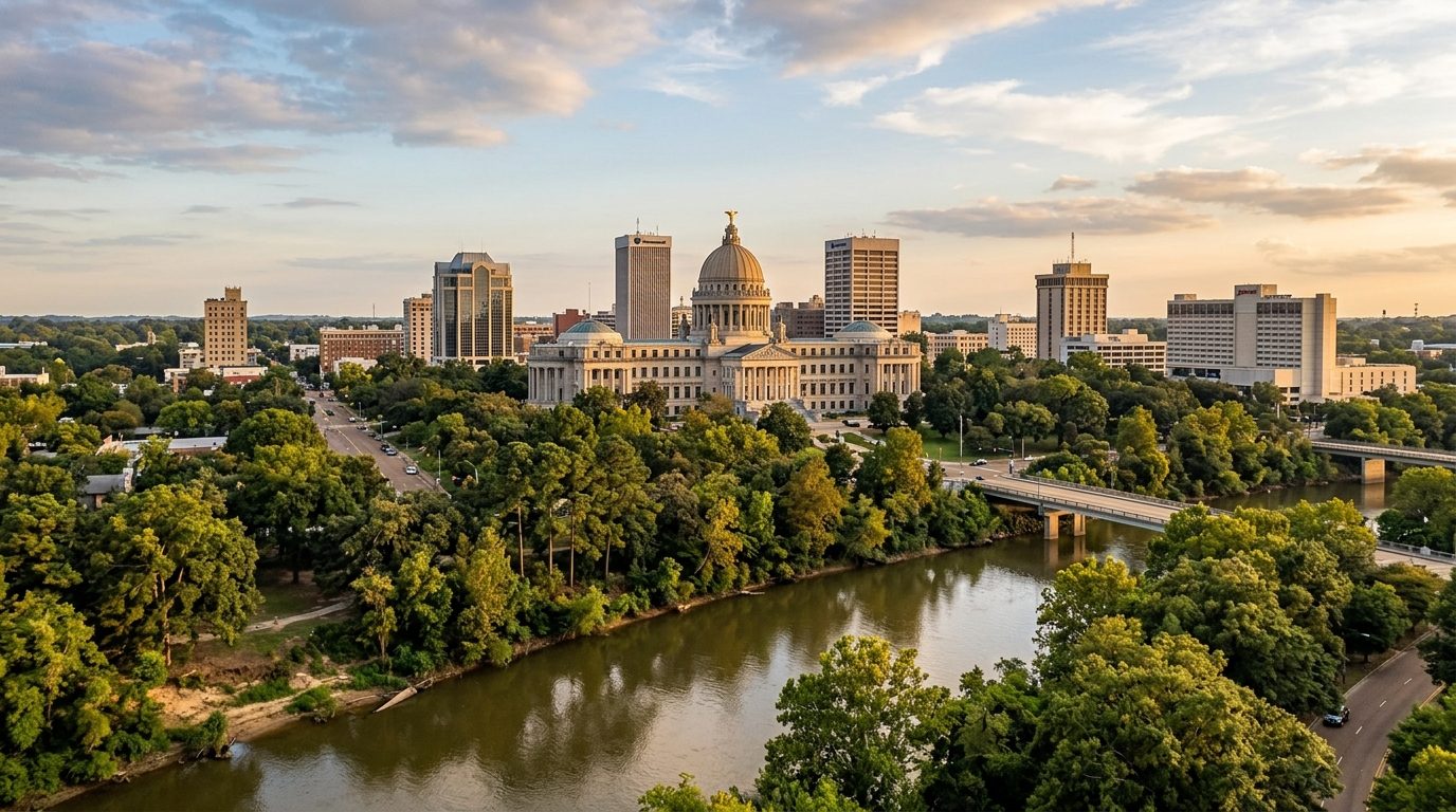 Jackson, MS — Jackson, Mississippi's skyline and the Mississippi State Capitol rising above