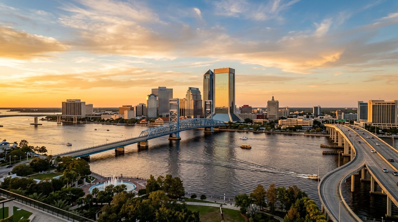 Jacksonville, FL — A wide photorealistic view of downtown Jacksonville, the St. Johns River and its bridges in clear golden-hour light, wit