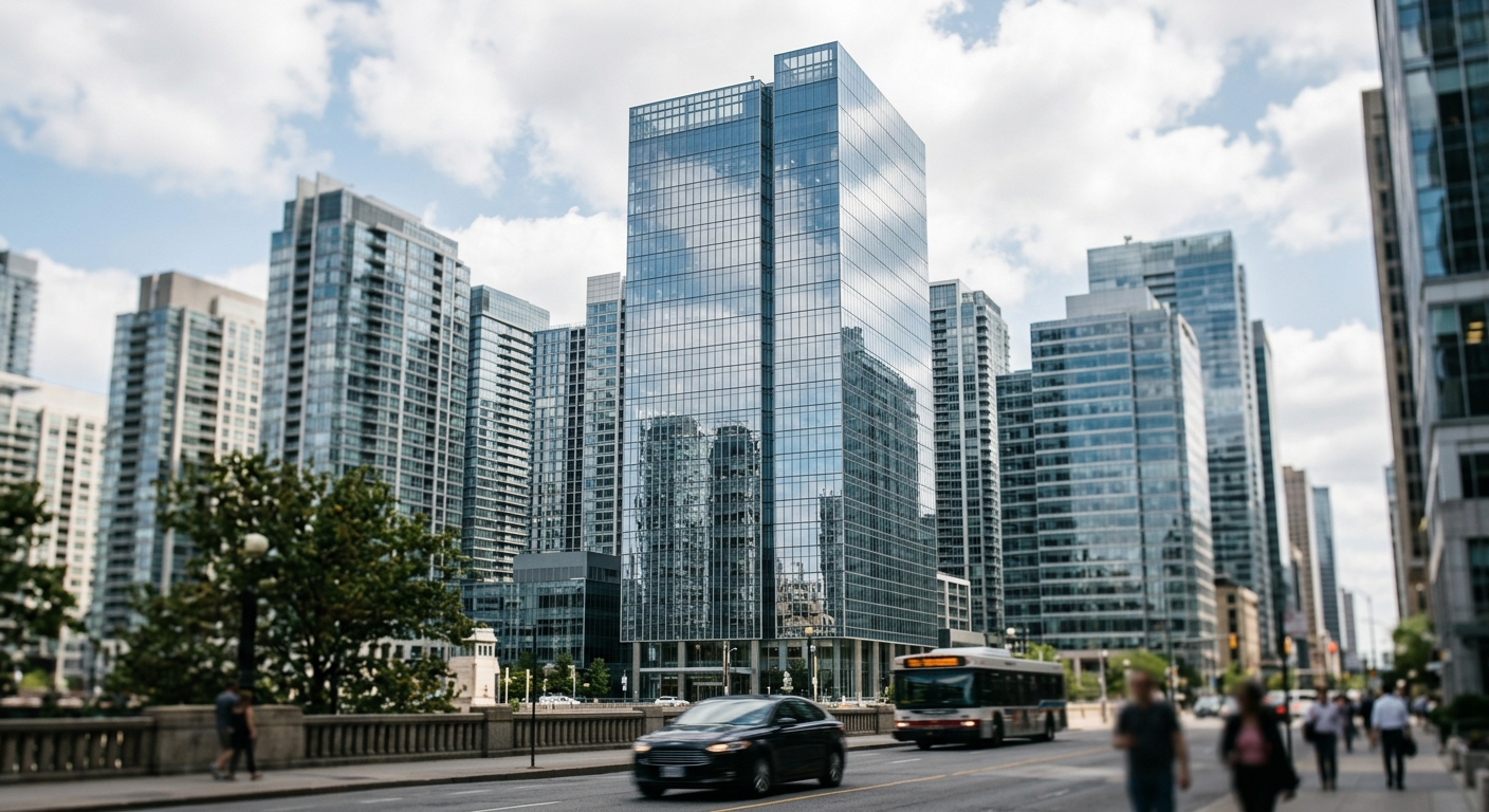 Modern glass office towers in a downtown commercial real estate skyline under daylight.