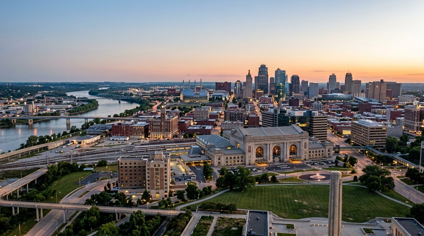 Kansas City, MO — A wide photorealistic cityscape showing downtown Kansas City, Union Station and the surrounding Missouri River landscape