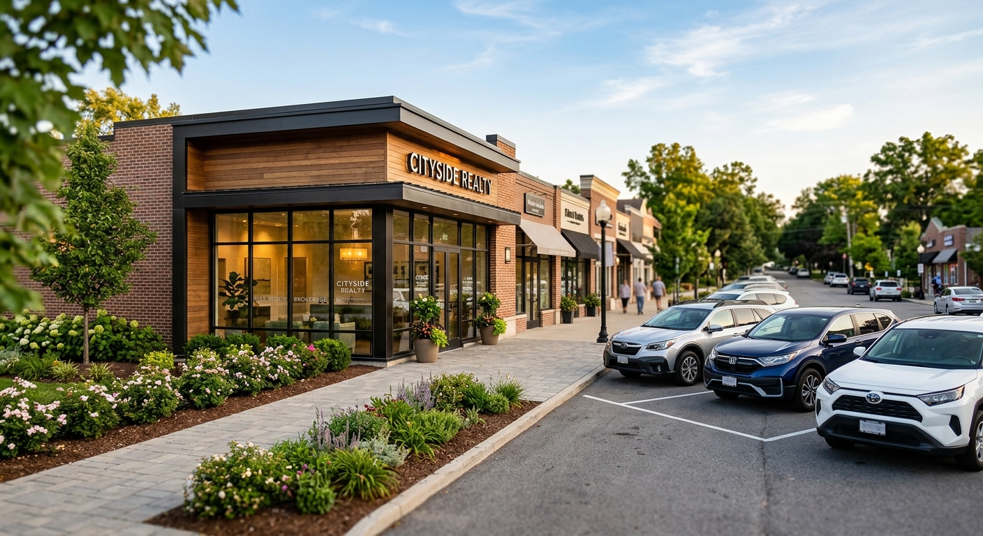Exterior of a modern suburban real estate brokerage office in a shopping district, photographed in natural light.