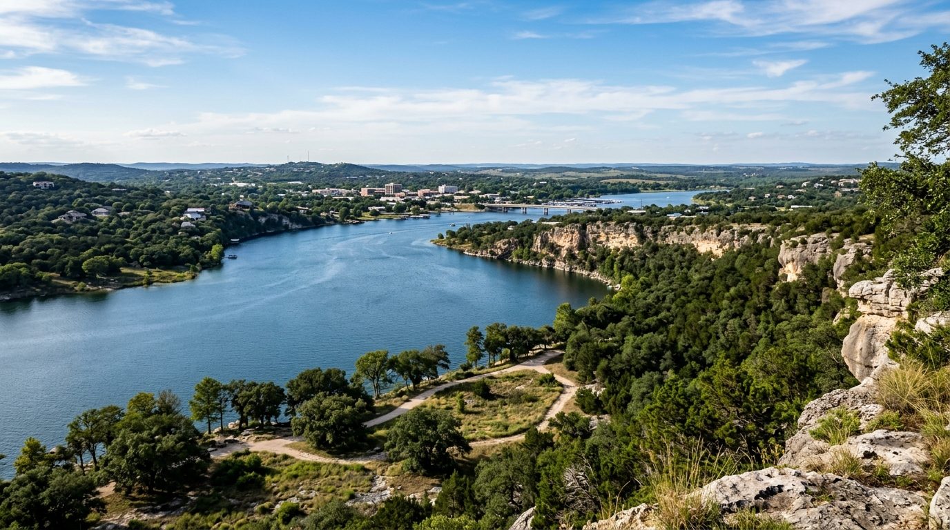 Killeen, TX — Central Texas lake framed by limestone bluffs and oak-and-cedar-dotted grassland, with a small-town skyline